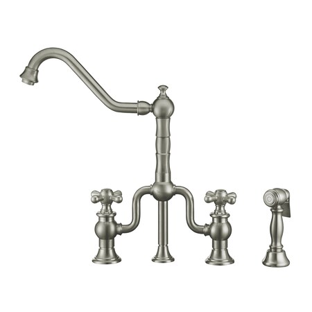Whitehaus Bridge Faucet W/ Long Traditional Swivel Spout, Cross Handles And Brass WHTTSCR3-9771-NT-BN
